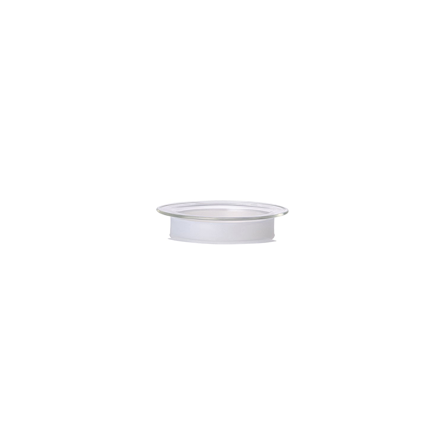 Clear plastic container lid on a white background