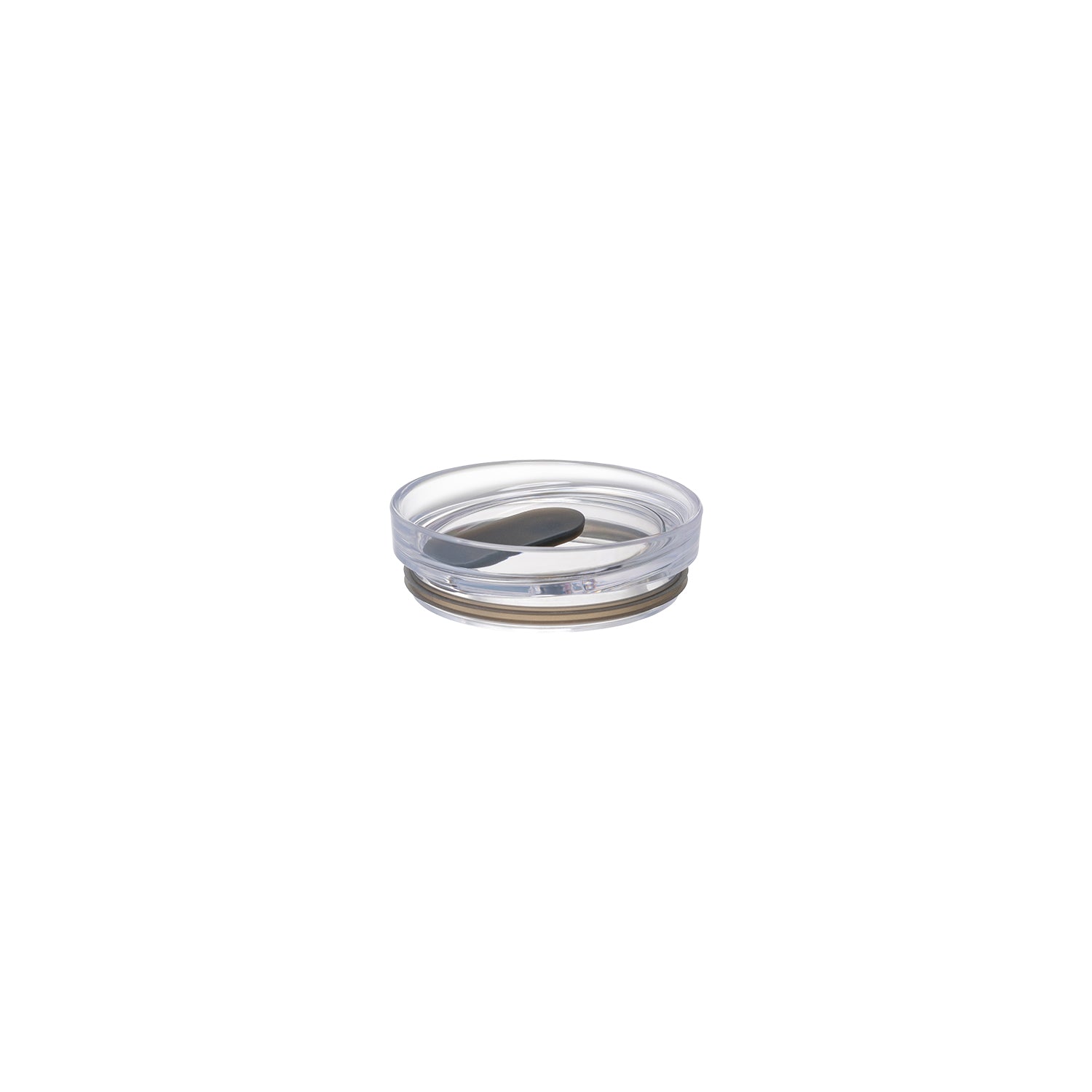 Clear glass ashtray with a black interior on a white background