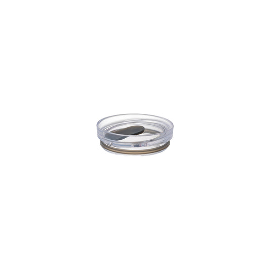 Clear glass ashtray with a black interior on a white background