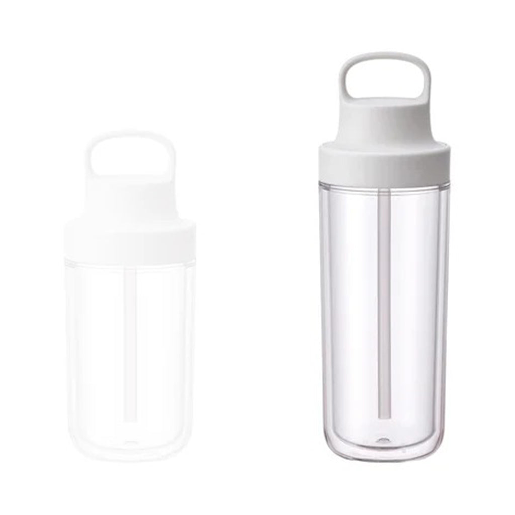Clear water bottle with a white cap on a white background